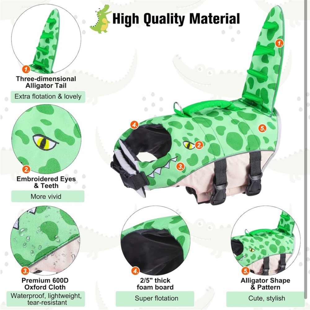Beautyzoo Alligator Dog Life Jacket..green..large..(NWT)